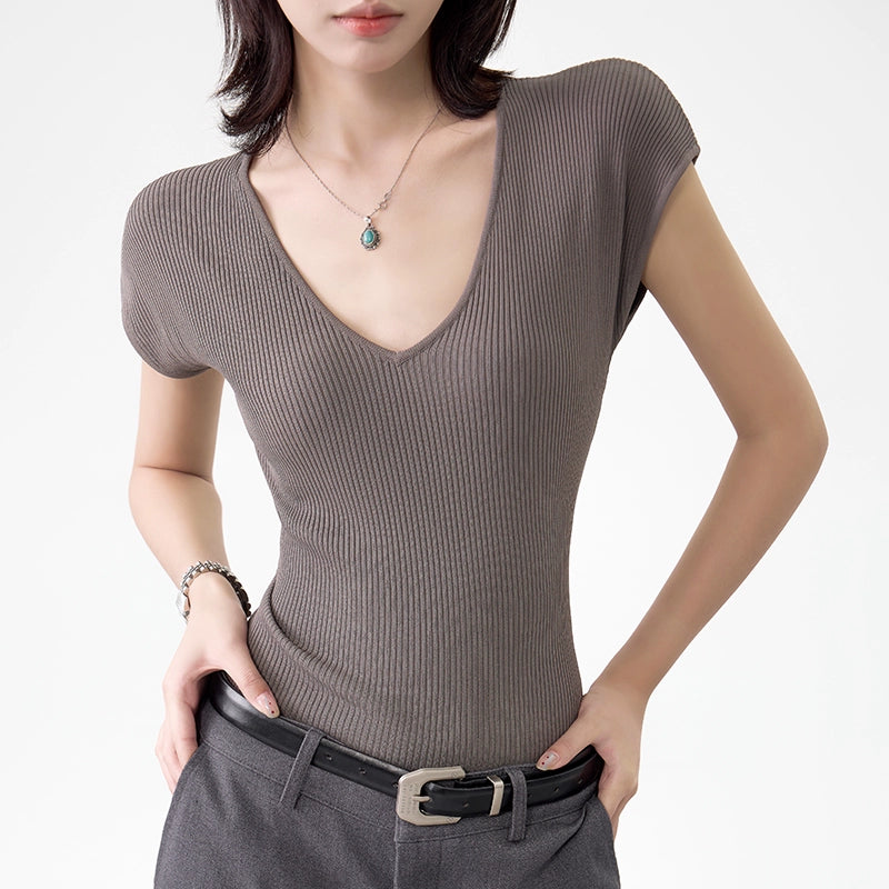 Women's Summer Slim V-Neck T-Shirt  Versatile Solid Color Short Sleeve Top