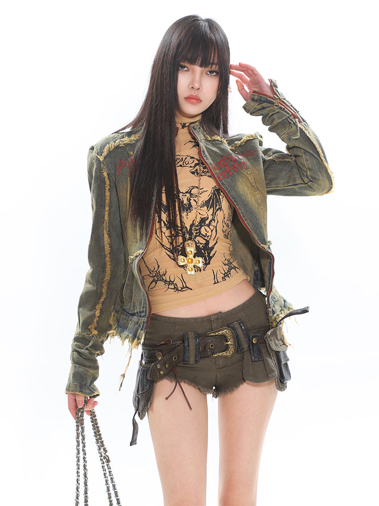 Women's Vintage Wash Denim Shorts with Belt Buckle and Raw Trim