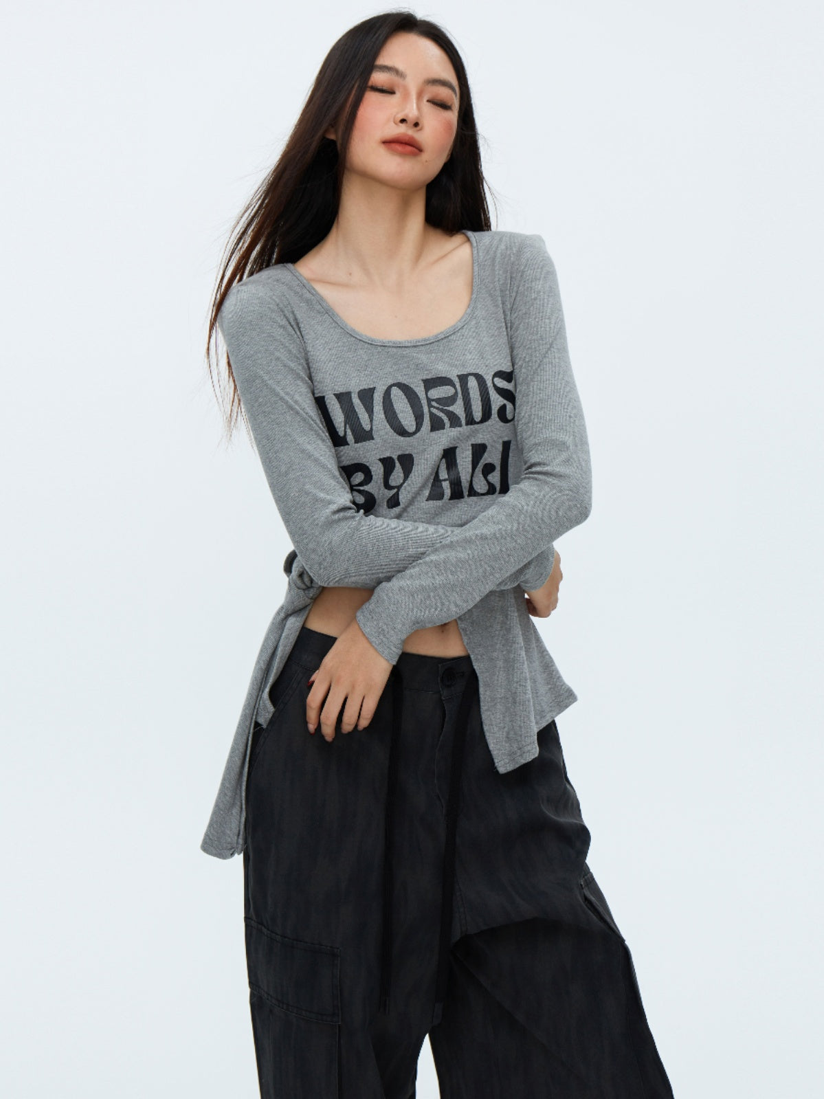 Women's Ribbed Alphabet Print Shoulder Padded Slit Tie Top