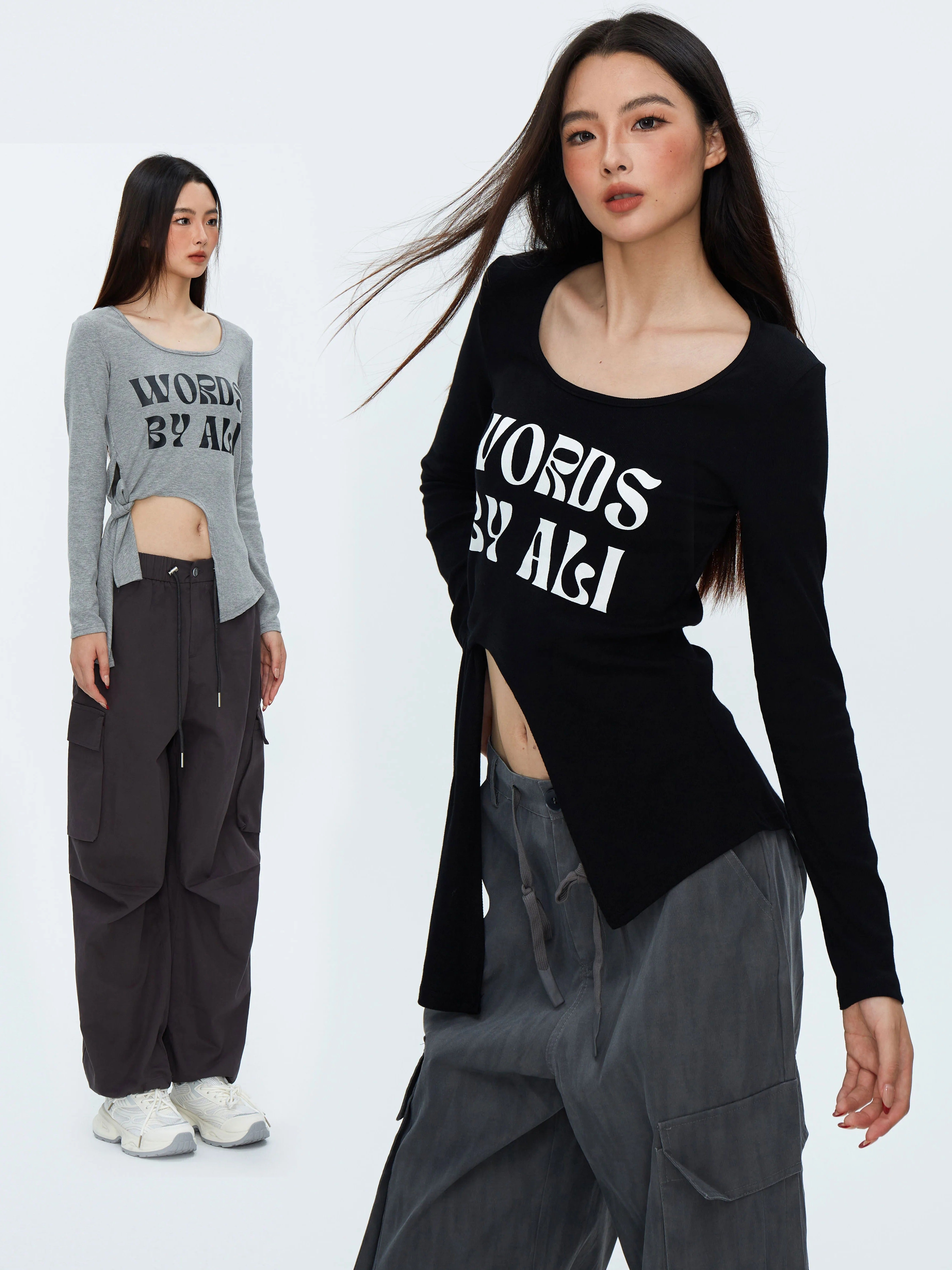 Women's Ribbed Alphabet Print Shoulder Padded Slit Tie Top