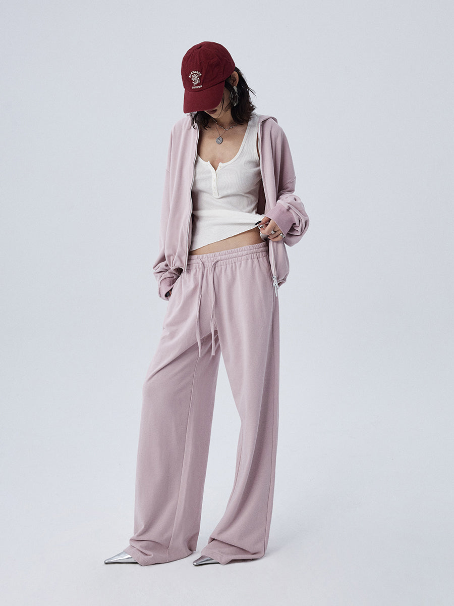 Women's Pastel Pink Spring Hooded Sweatshirt Wide-Leg Loungewear Two-Piece Set