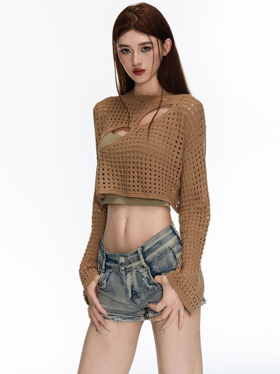 Women's Ribbed Cropped Cutout Summer Knit Halter Top