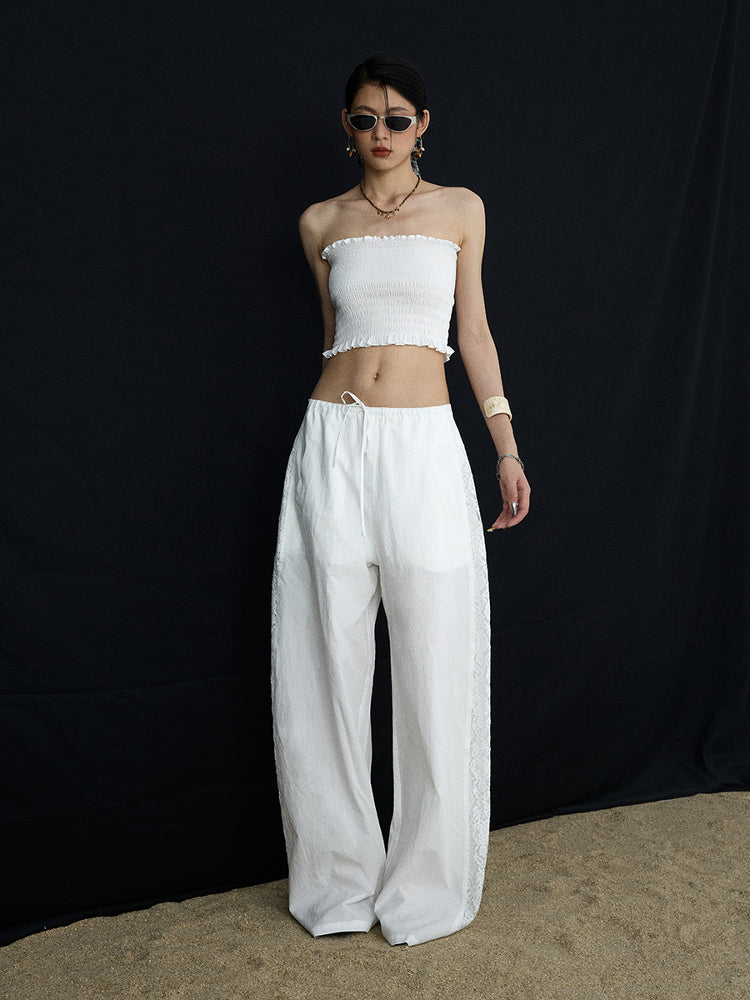 Lace Panel Wide-Leg Trousers  White Summer Pants with Drawstring & Side Cut-Outs
