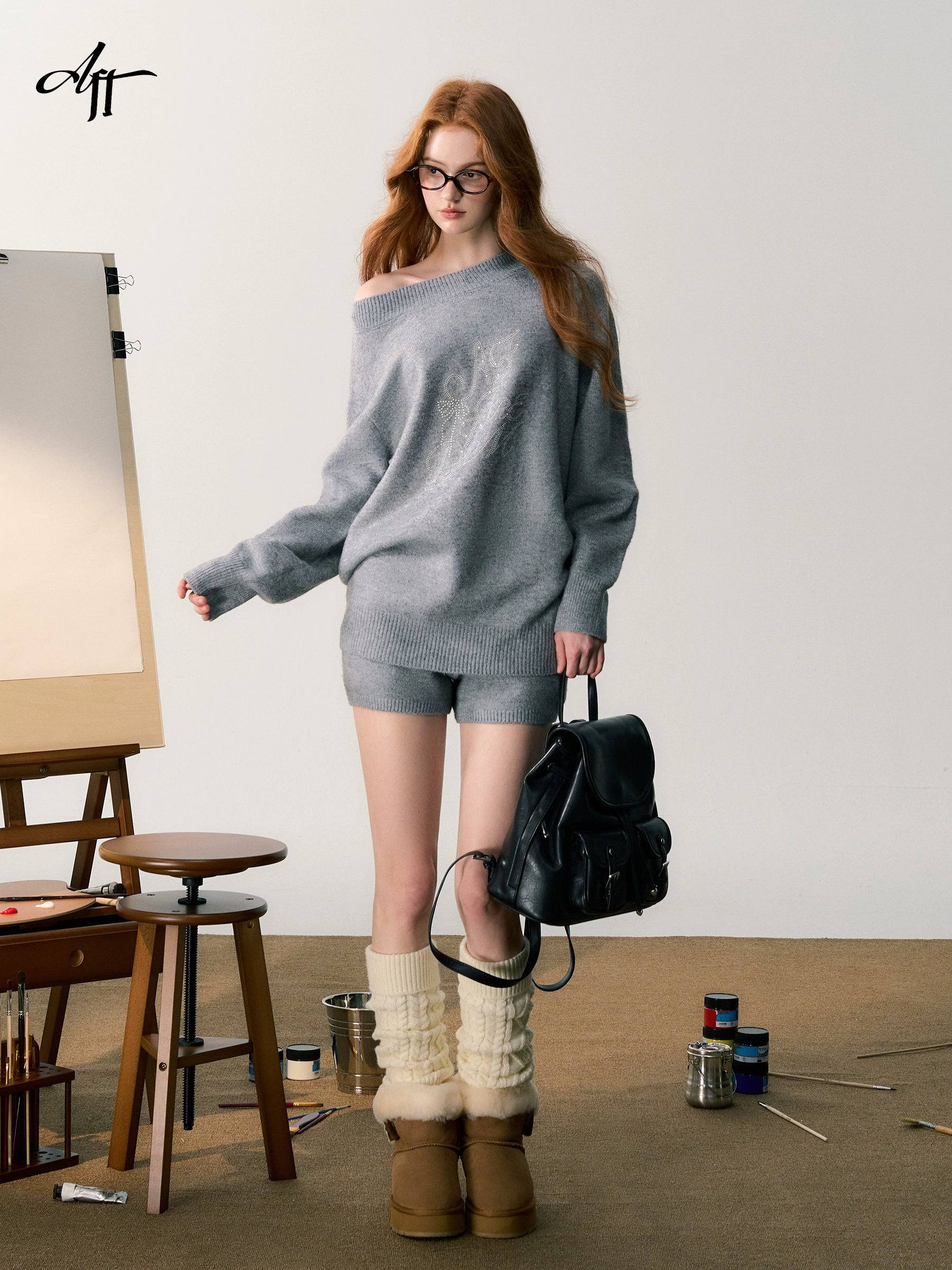 Women's Slanted Shoulder Knitwear Sweater Shorts Set