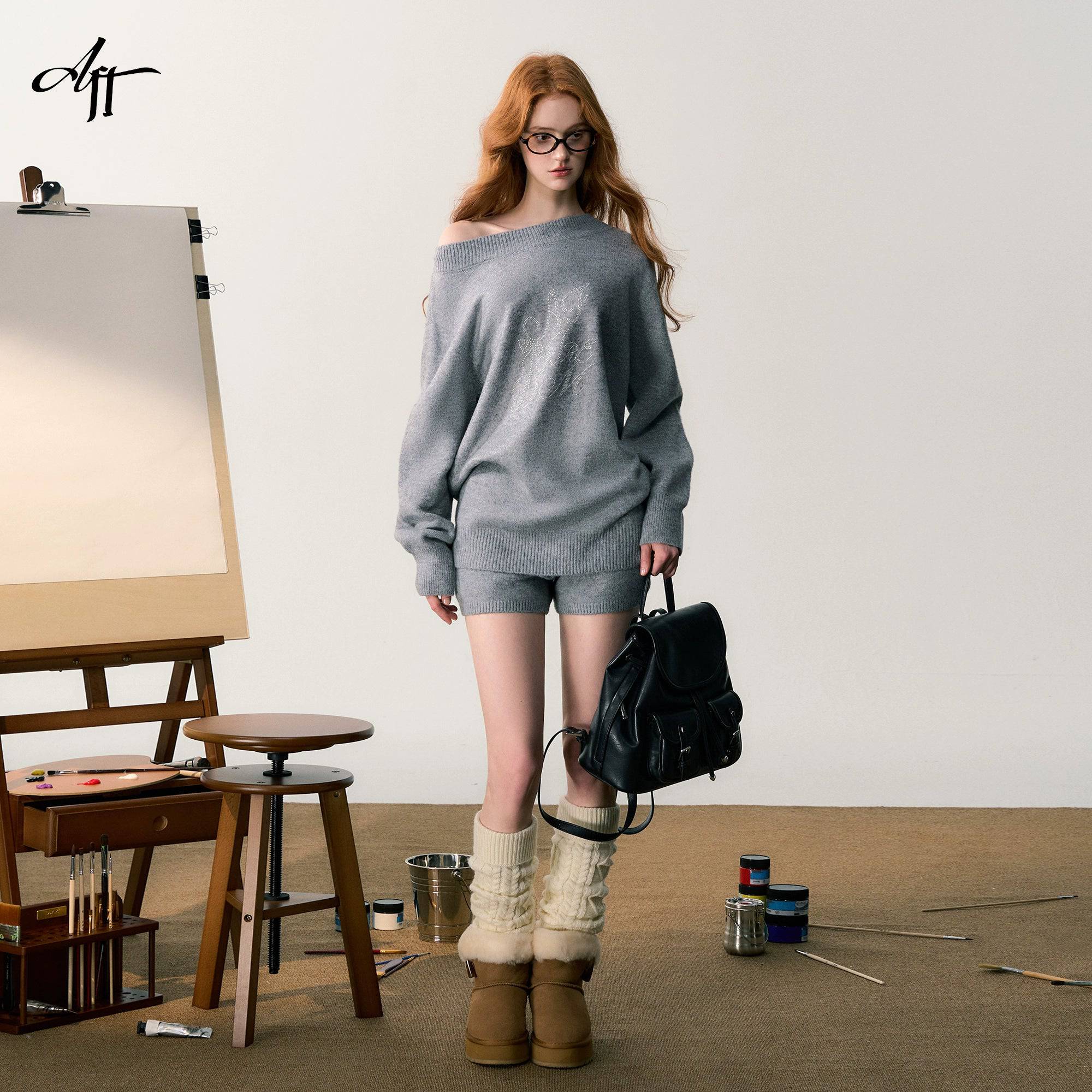 Women's Slanted Shoulder Knitwear Sweater Shorts Set