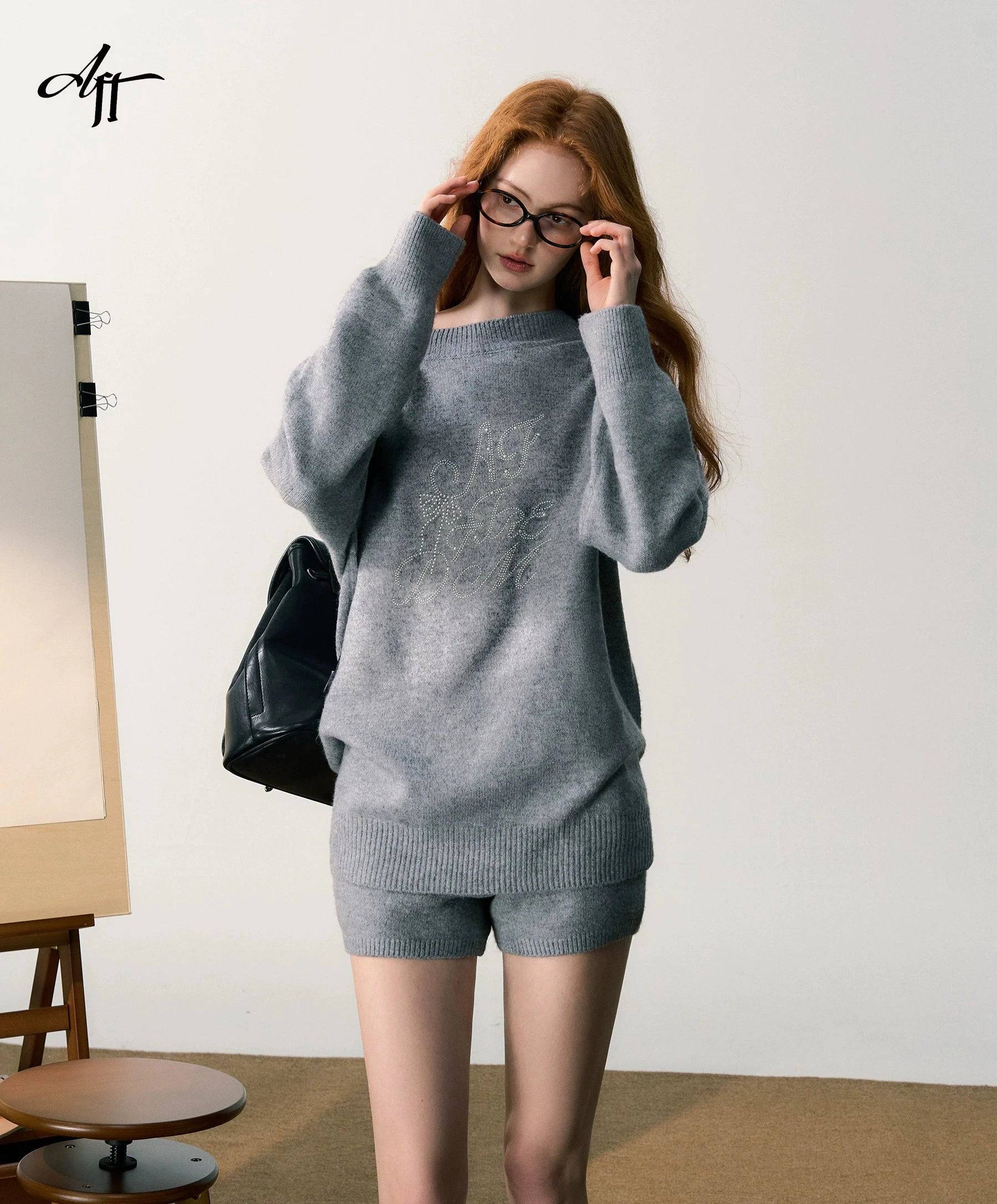 Women's Slanted Shoulder Knitwear Sweater Shorts Set