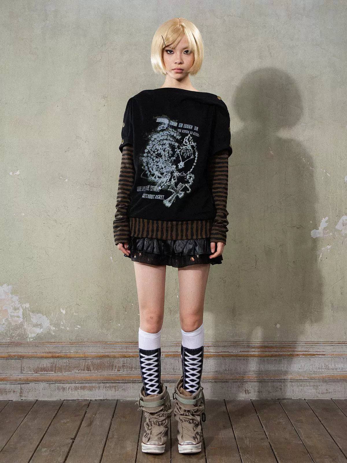 Women's Striped Panel Cross Print Black and White Long-Sleeved Sweatshirt