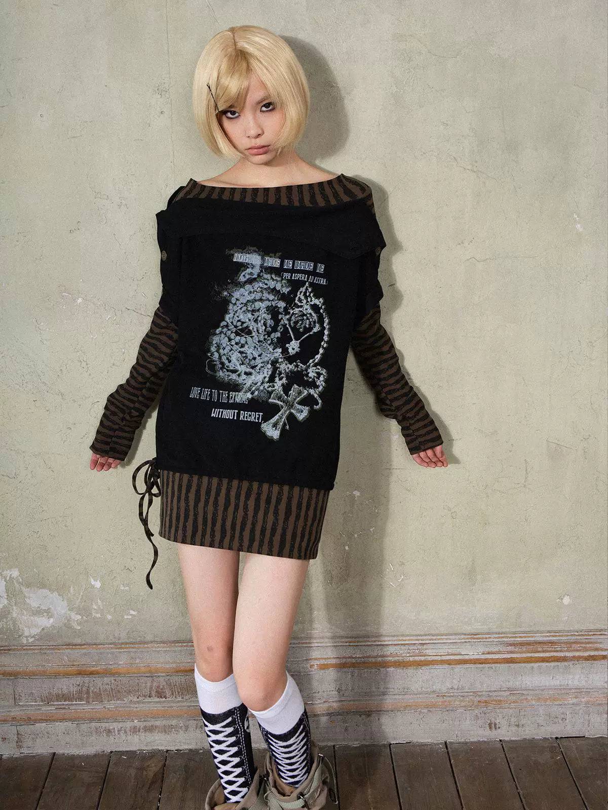 Women's Striped Panel Cross Print Black and White Long-Sleeved Sweatshirt