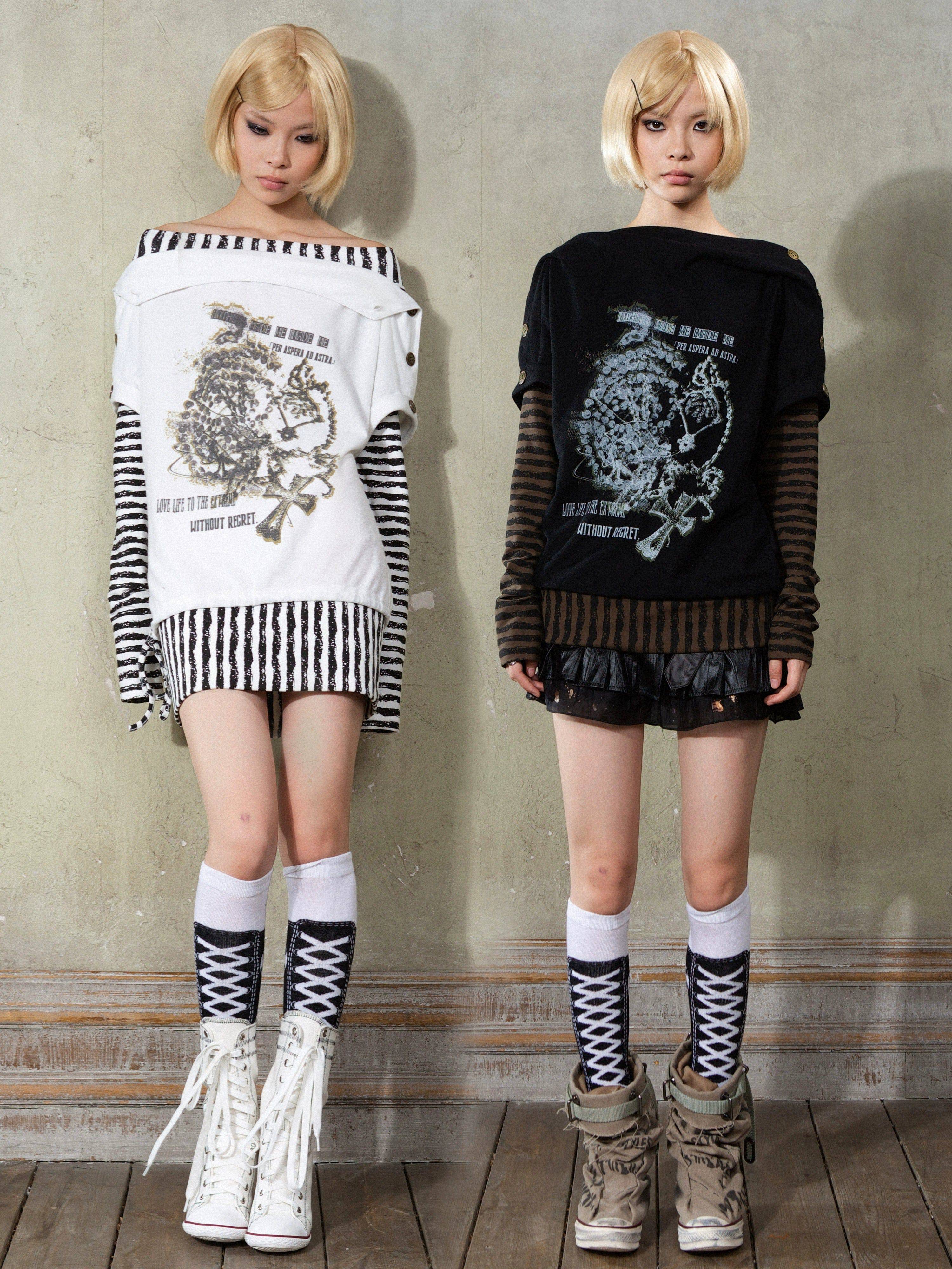 Women's Striped Panel Cross Print Black and White Long-Sleeved Sweatshirt