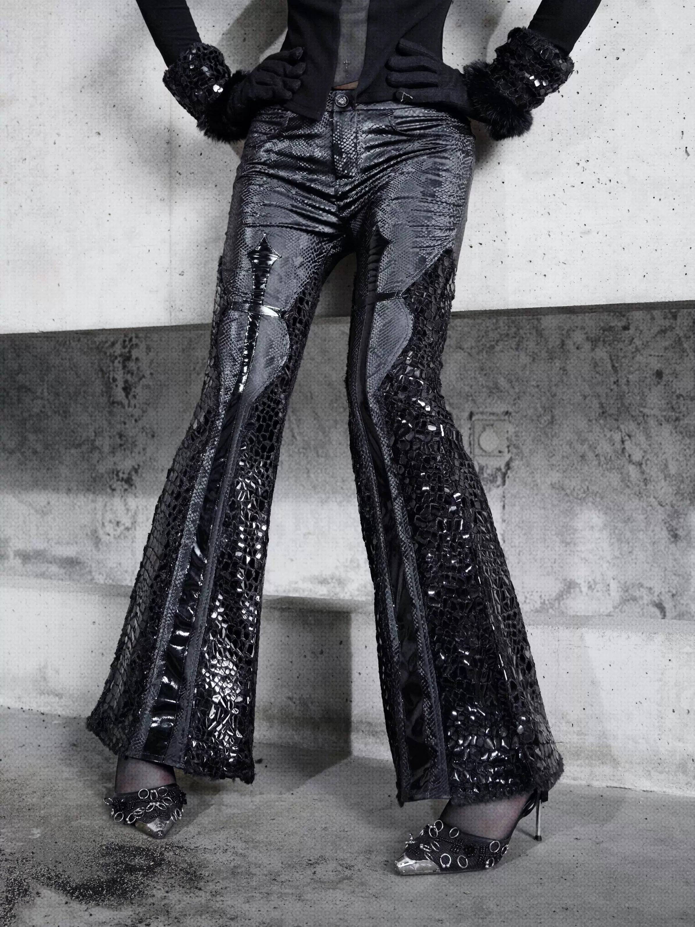 Women's Patent Leather Gothic Slim Low-Waisted Flared Trousers