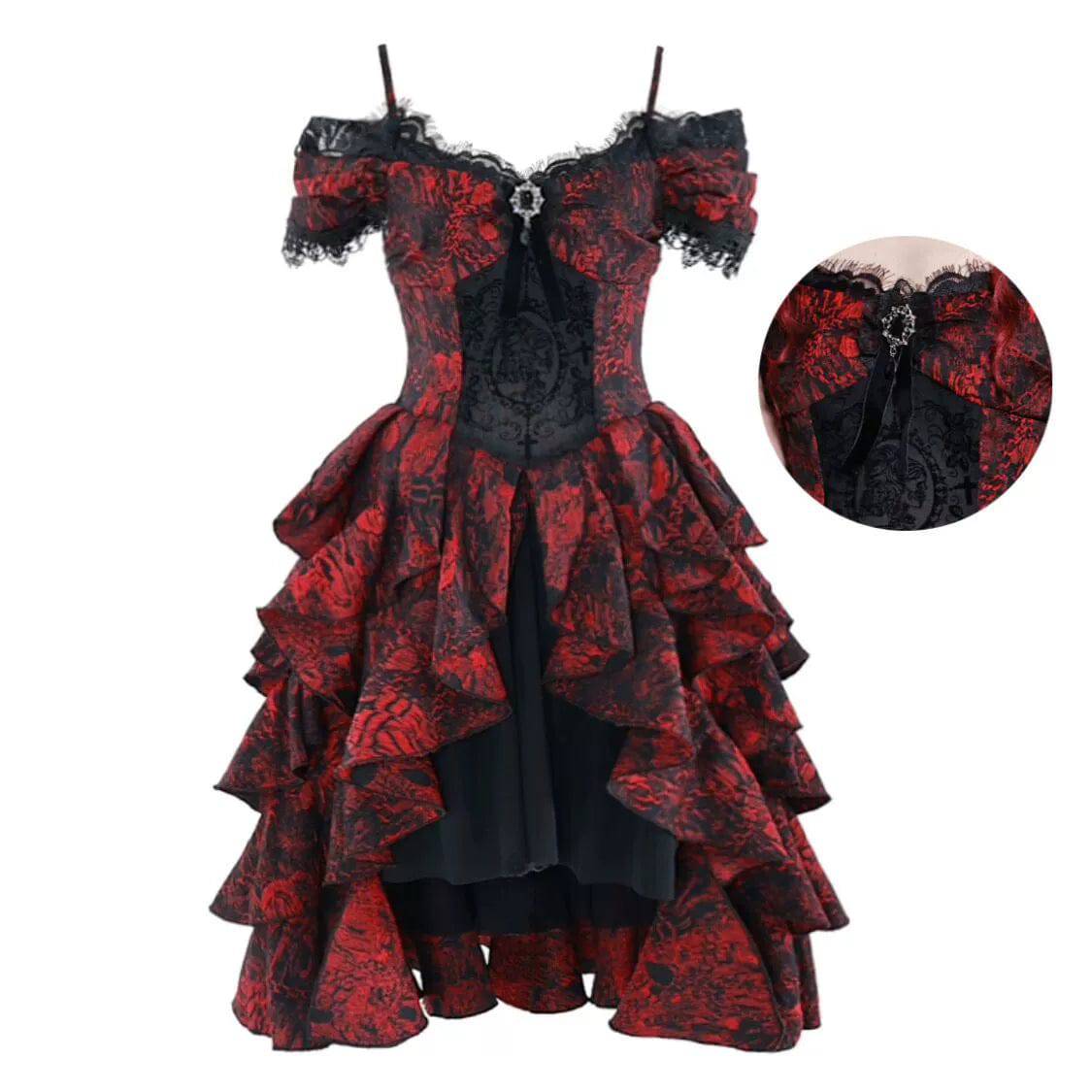 Women's Gothic Black and Red Jacquard One-Shoulder Ruffled Court Dress