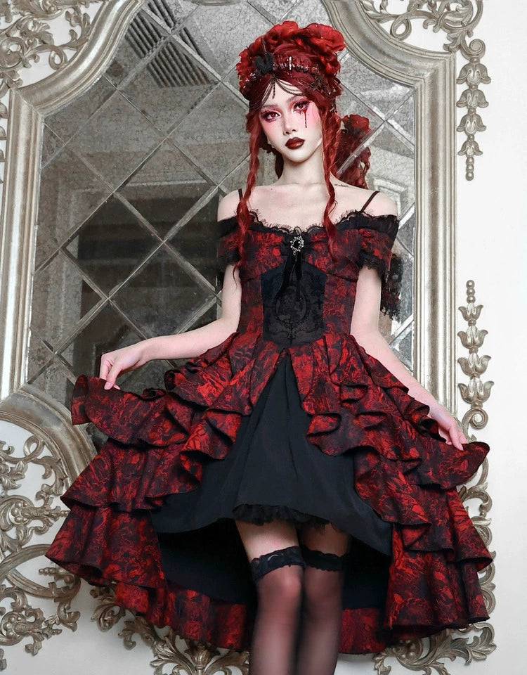 Women's Gothic Black and Red Jacquard One-Shoulder Ruffled Court Dress