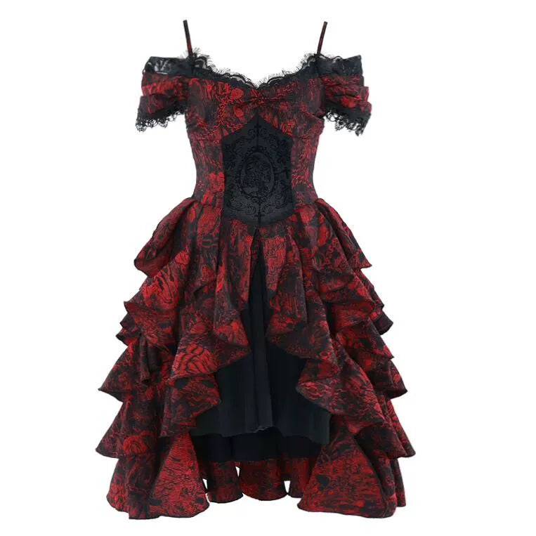 Women's Gothic Black and Red Jacquard One-Shoulder Ruffled Court Dress