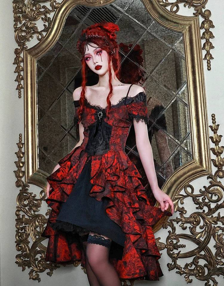 Women's Gothic Black and Red Jacquard One-Shoulder Ruffled Court Dress