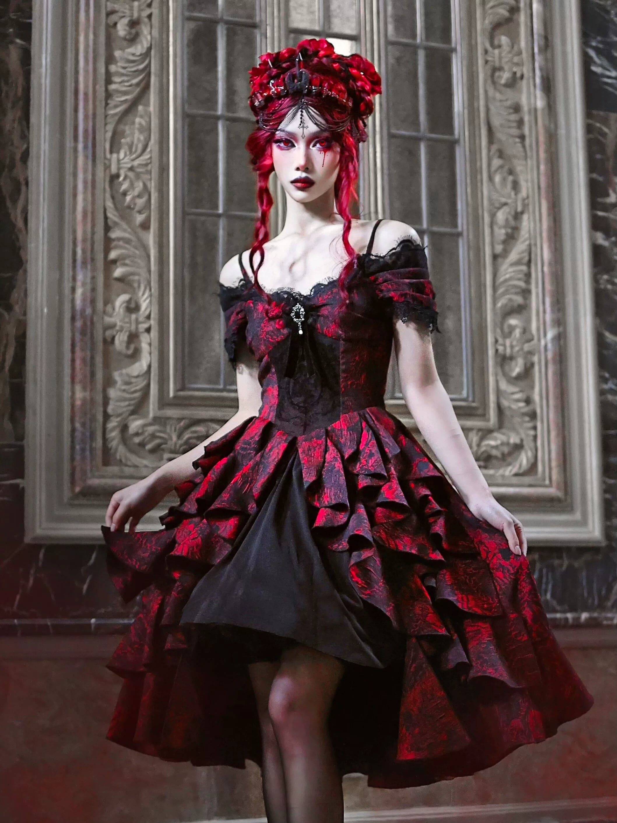 Women's Gothic Black and Red Jacquard One-Shoulder Ruffled Court Dress