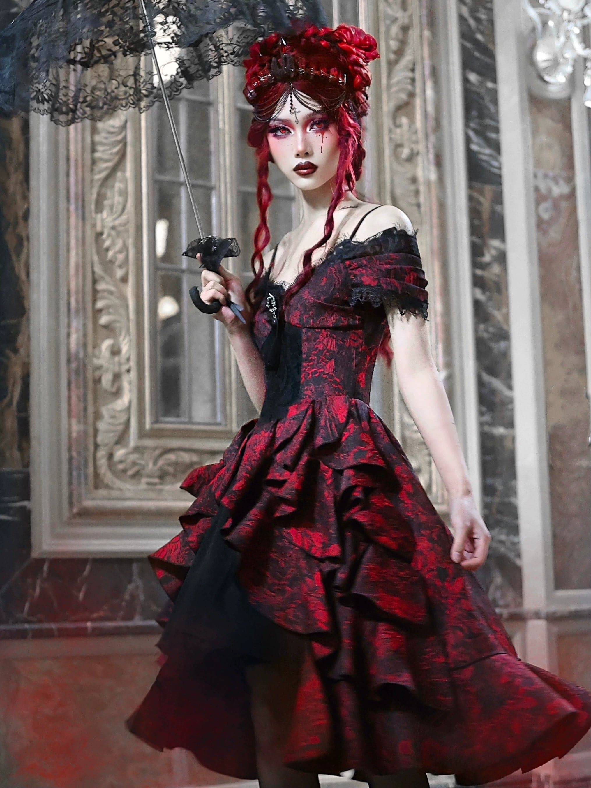 Women's Gothic Black and Red Jacquard One-Shoulder Ruffled Court Dress