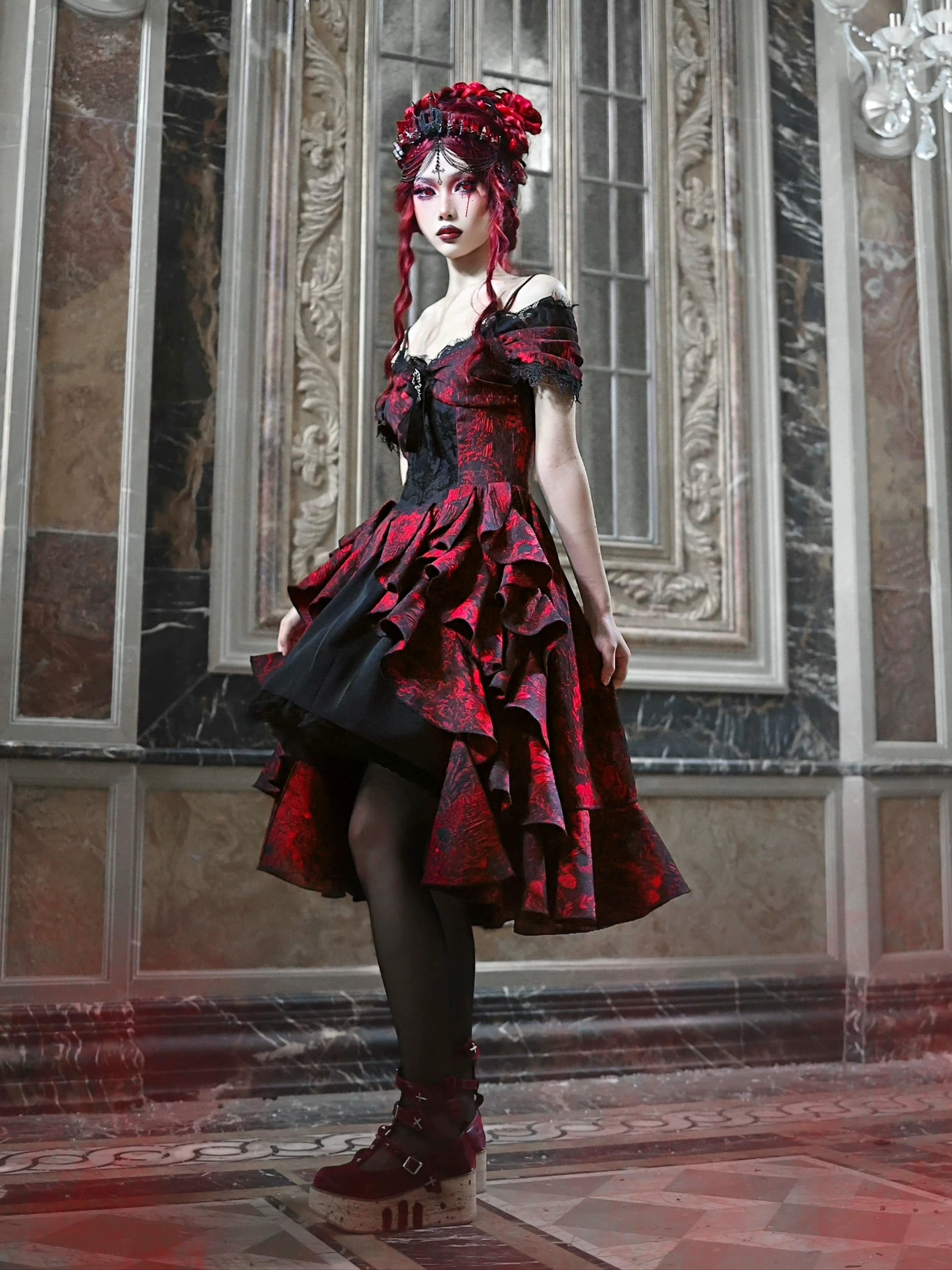 Women's Gothic Black and Red Jacquard One-Shoulder Ruffled Court Dress
