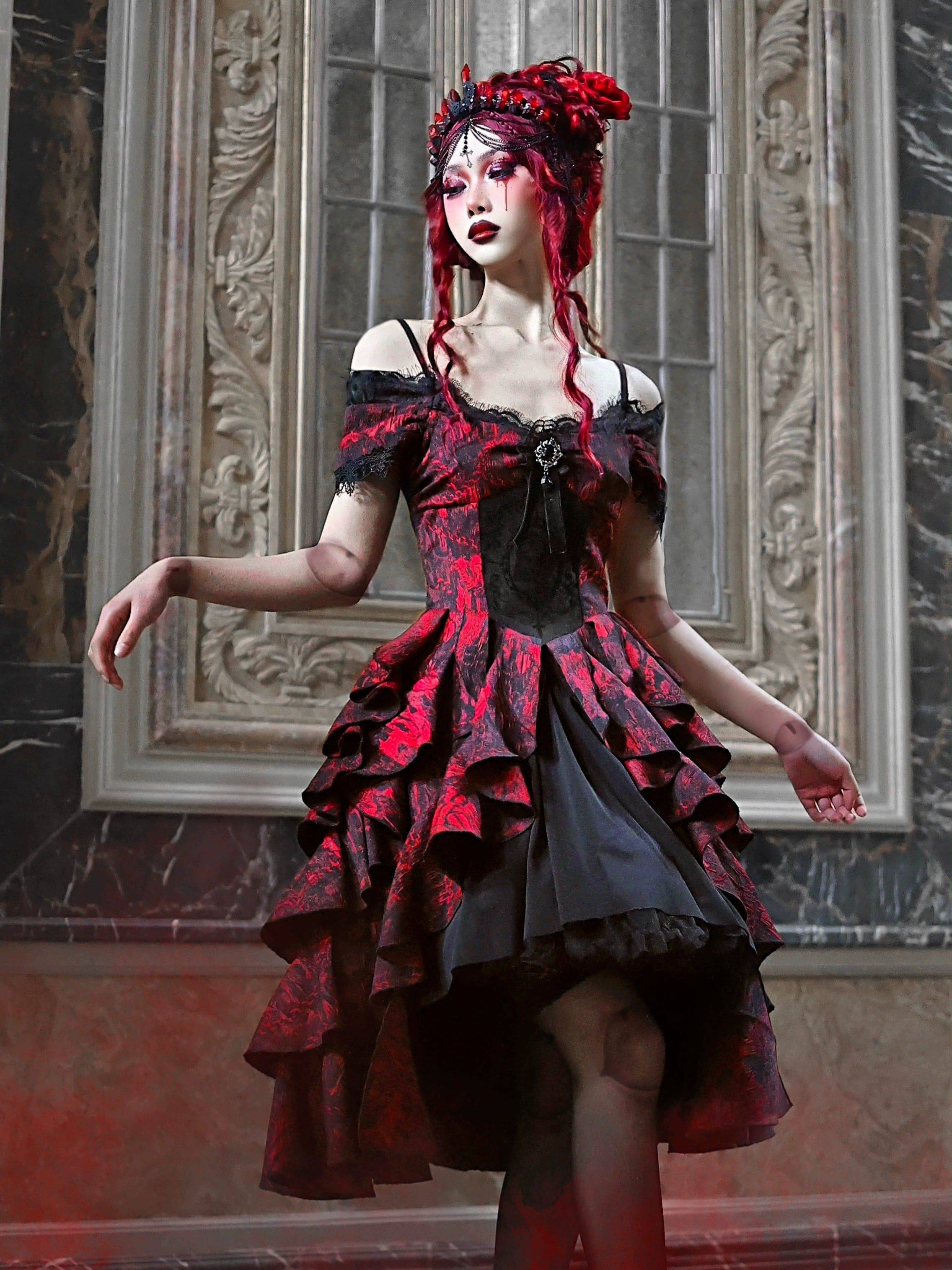 Women's Gothic Black and Red Jacquard One-Shoulder Ruffled Court Dress