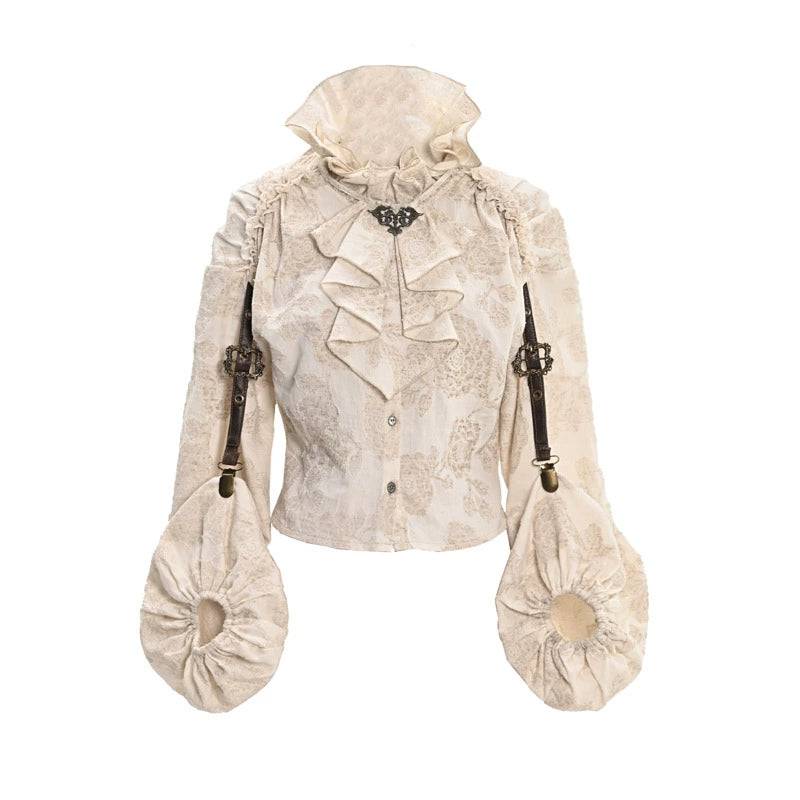 Women's Cotton Linen Ruffle Stand Collar Shirt