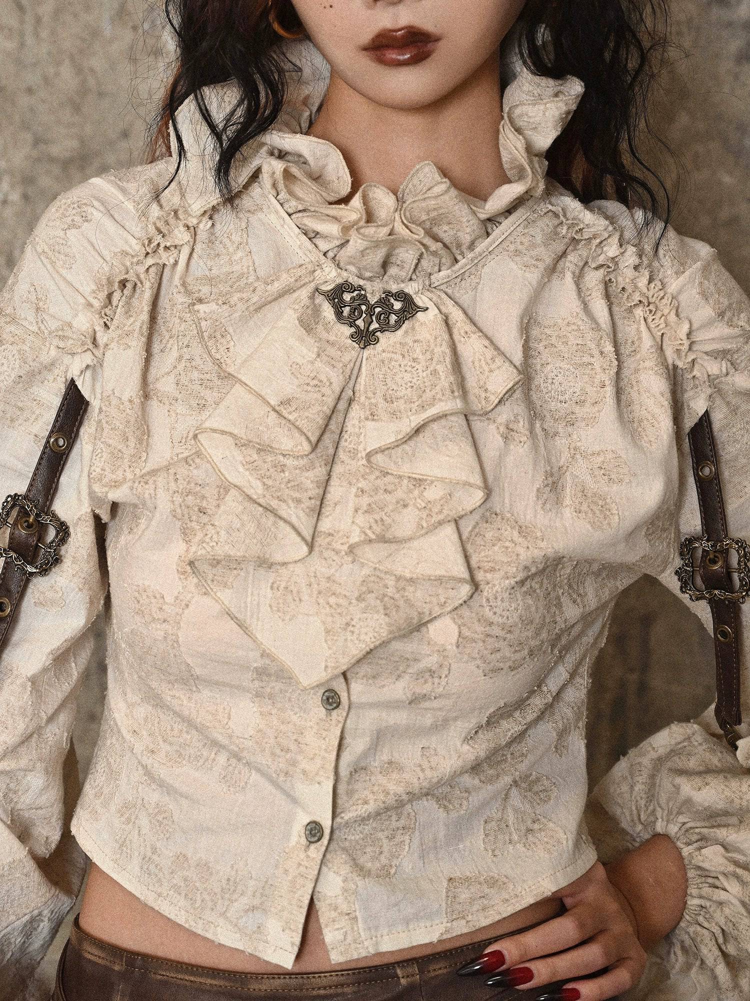 Women's Cotton Linen Ruffle Stand Collar Shirt