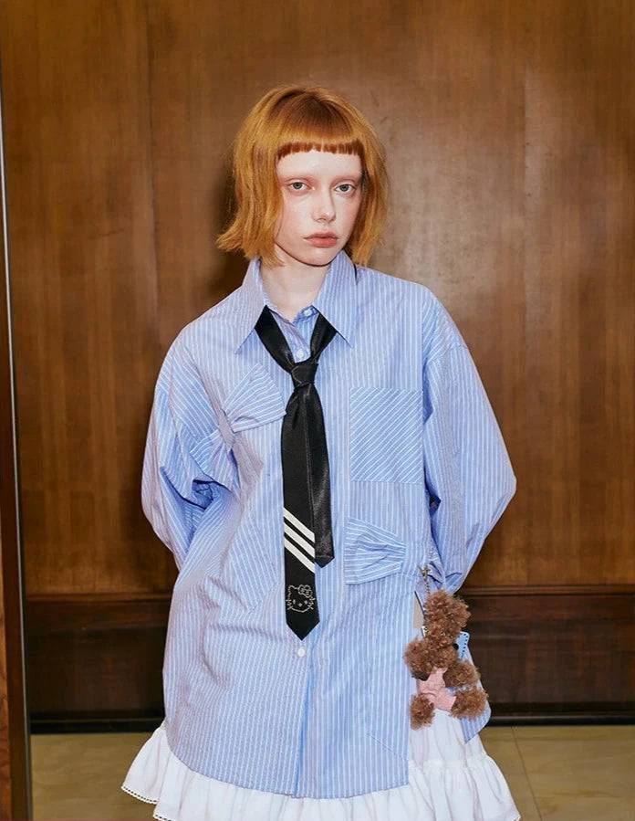 Women's Blue Wide Stripe Linen Oversized Long Sleeve Button-Down Shirt