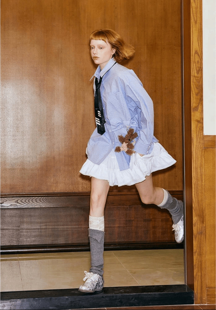 Women's Blue Wide Stripe Linen Oversized Long Sleeve Button-Down Shirt