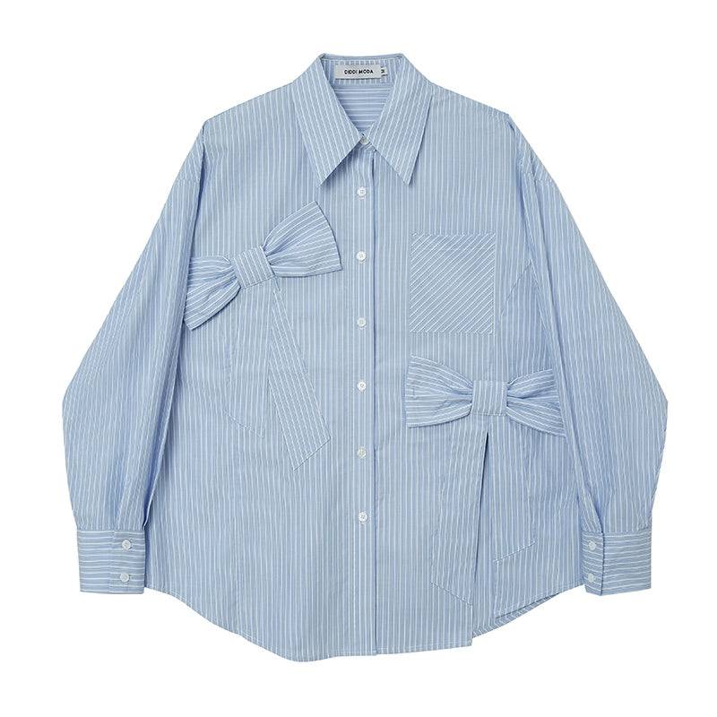 Women's Blue Wide Stripe Linen Oversized Long Sleeve Button-Down Shirt