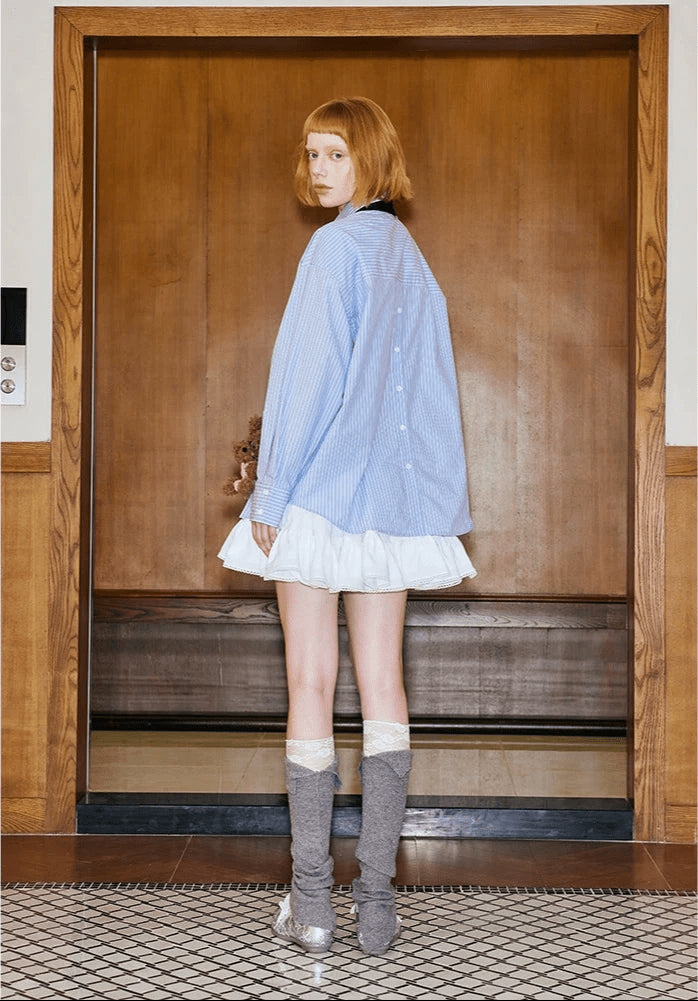 Women's Blue Wide Stripe Linen Oversized Long Sleeve Button-Down Shirt