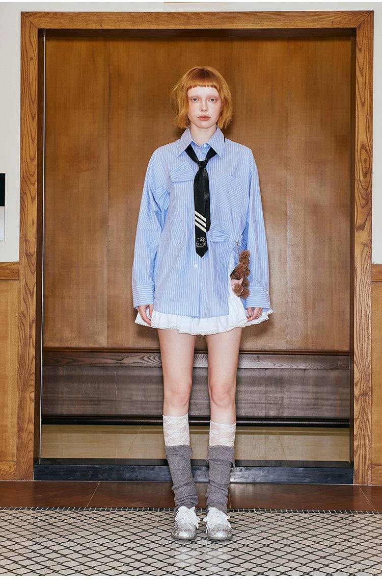 Women's Blue Wide Stripe Linen Oversized Long Sleeve Button-Down Shirt