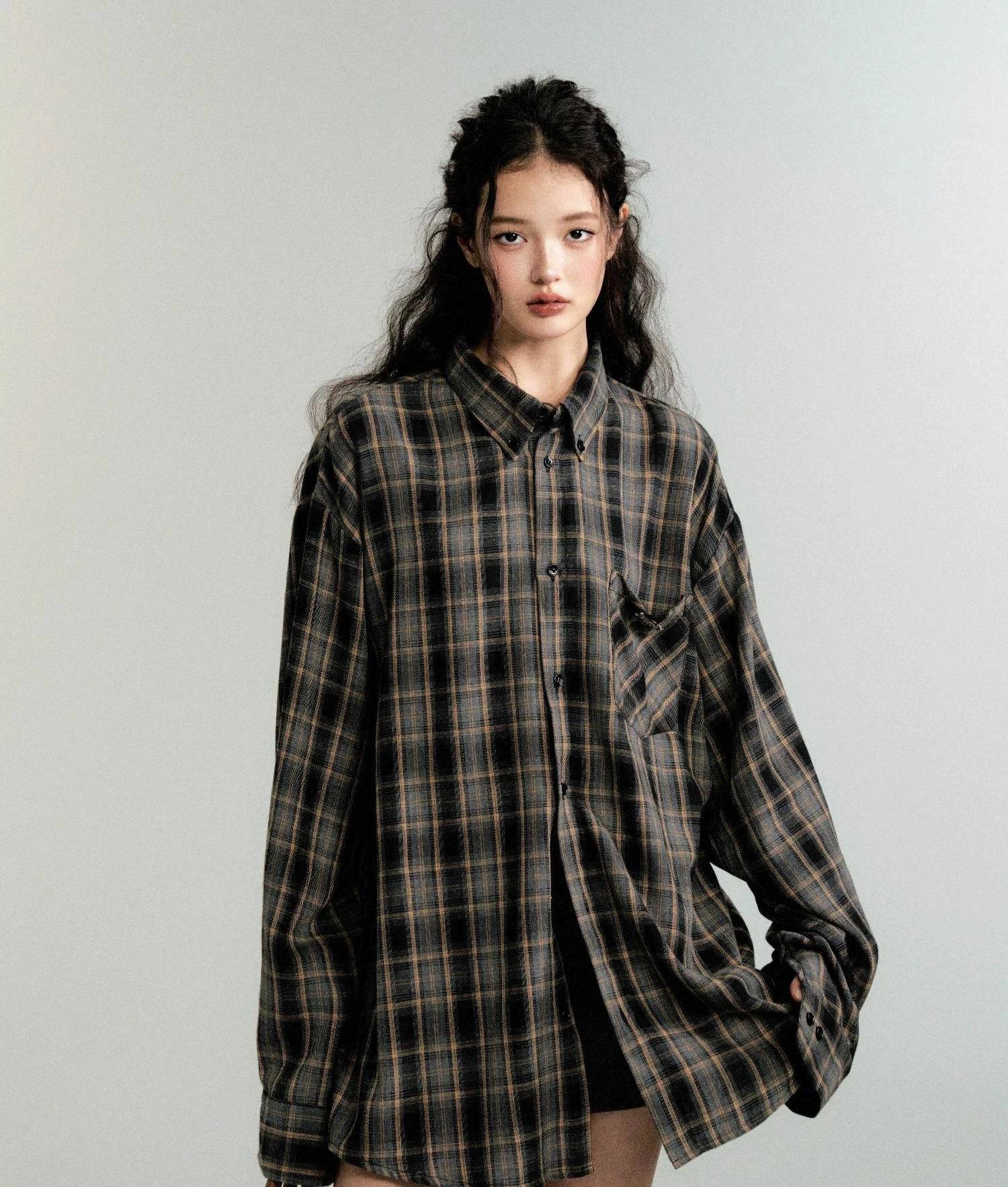 Women's Color-Block Check Retro Loose Long-Sleeved Shirt Jacket