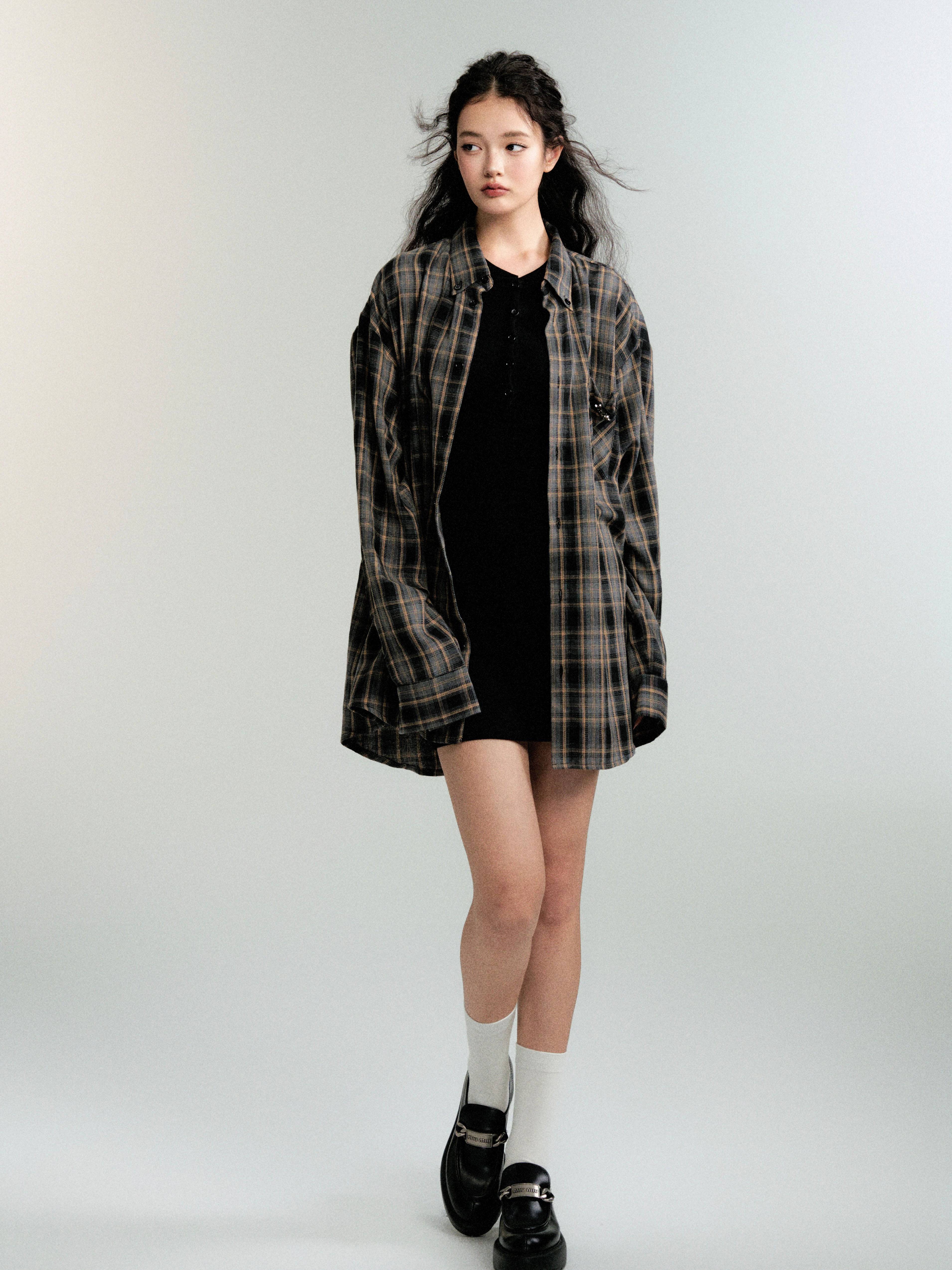 Women's Color-Block Check Retro Loose Long-Sleeved Shirt Jacket