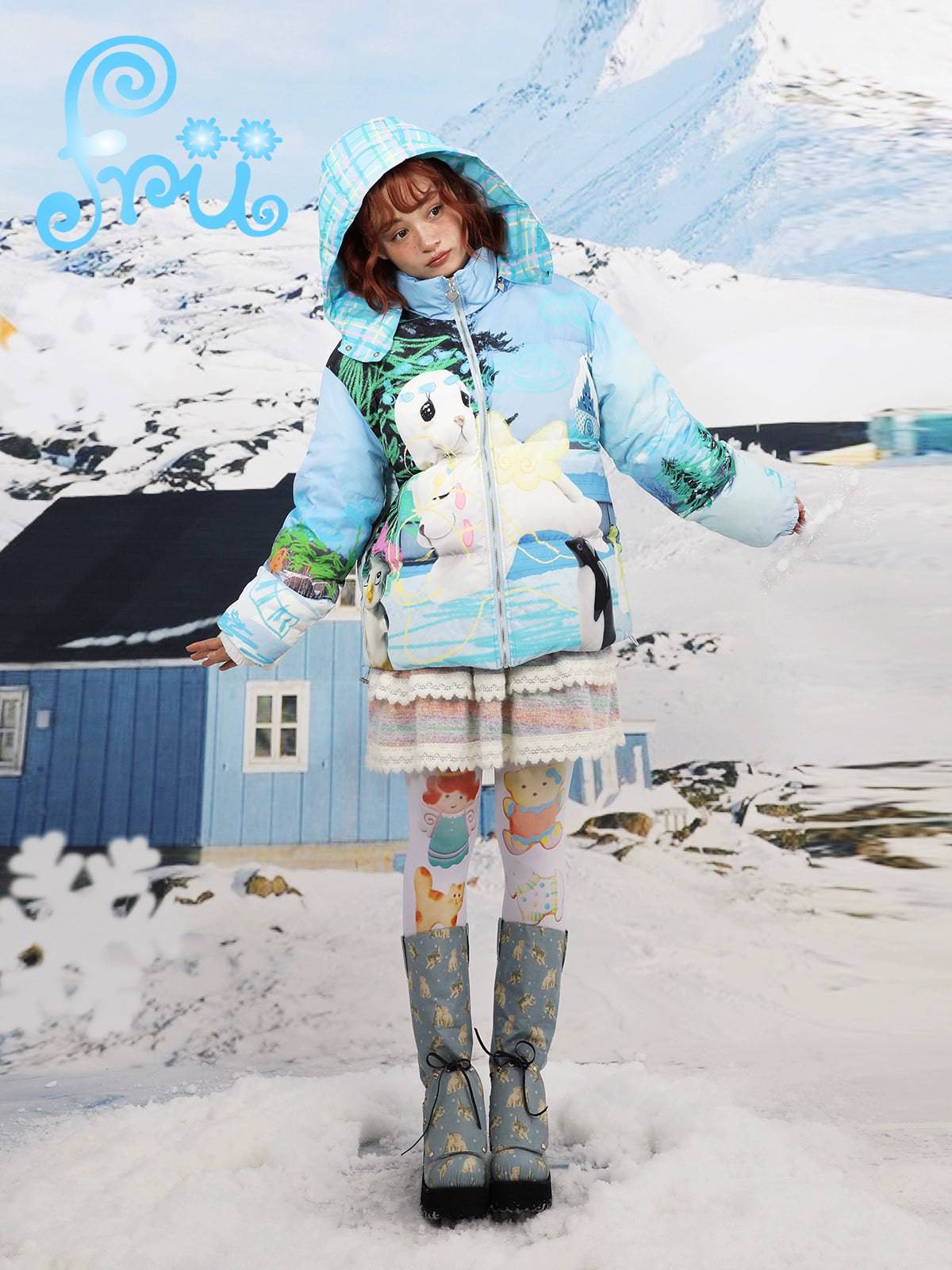 Women's Blue Snowman Print White Duck Down Warm Down Jacket