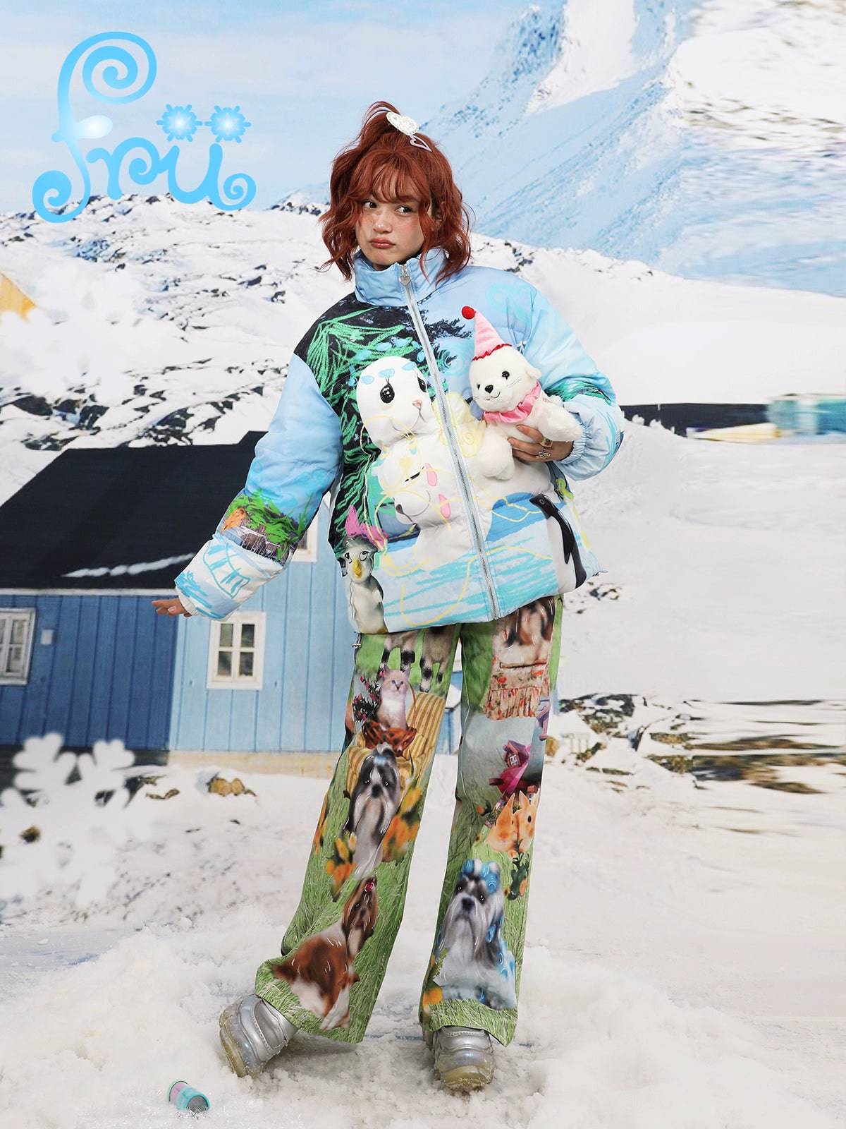 Women's Blue Snowman Print White Duck Down Warm Down Jacket