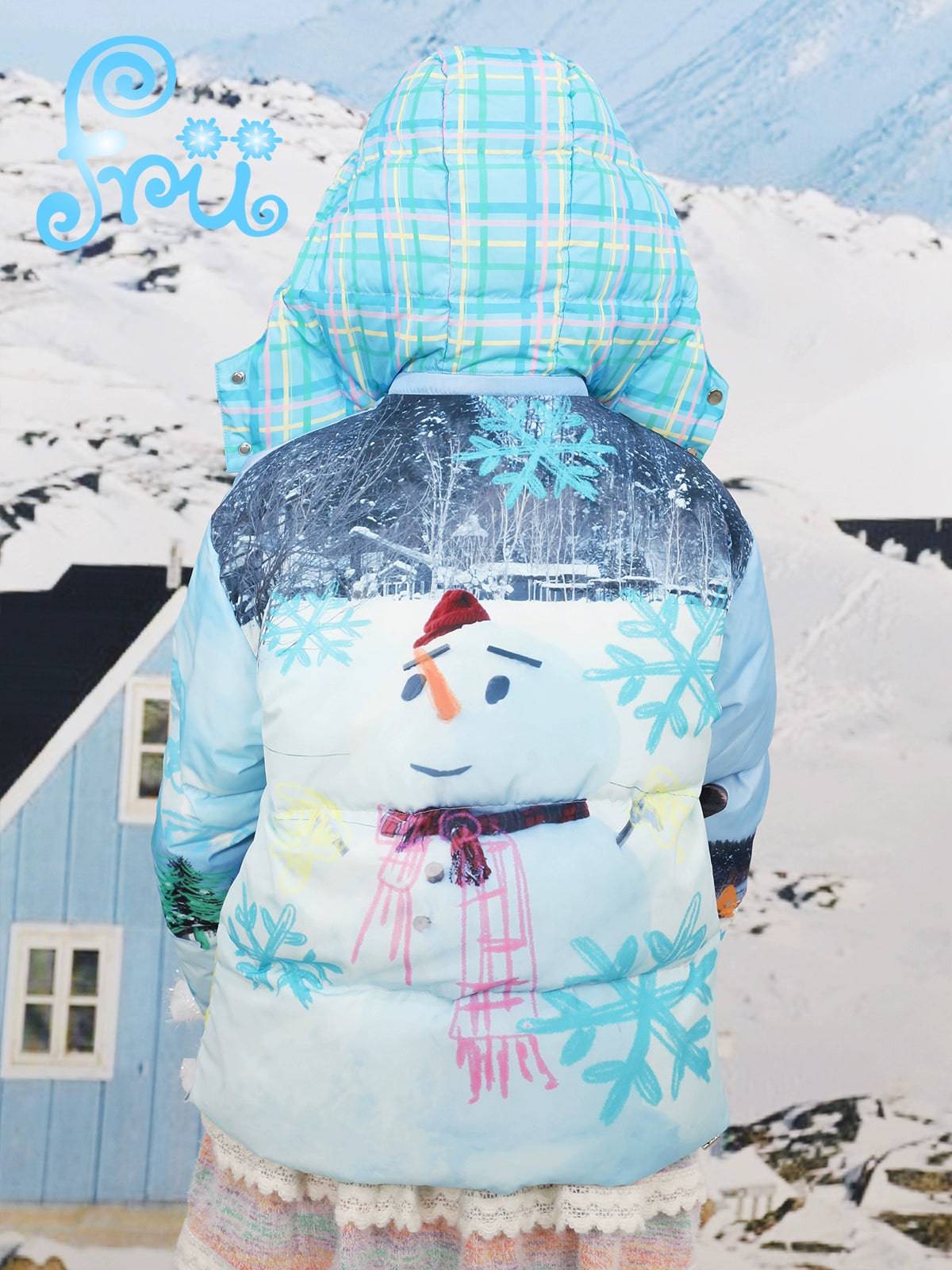 Women's Blue Snowman Print White Duck Down Warm Down Jacket