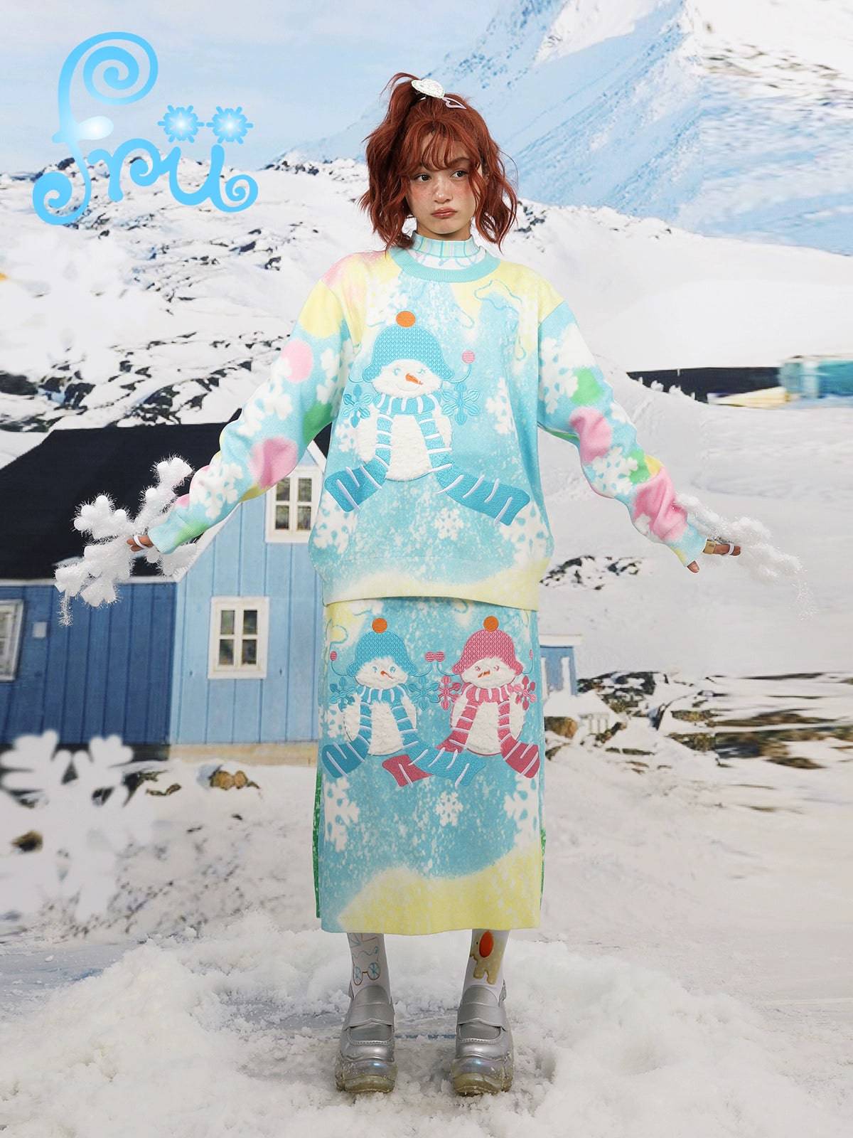 Women's Blue Snowman Novelty Loose Knitted Sweater