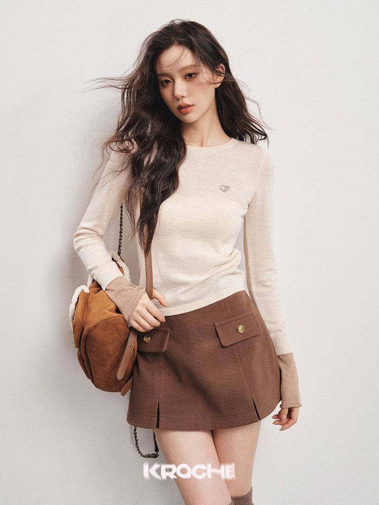 Women's Color-Blocked Crewneck Wool Knit Base Layer Top