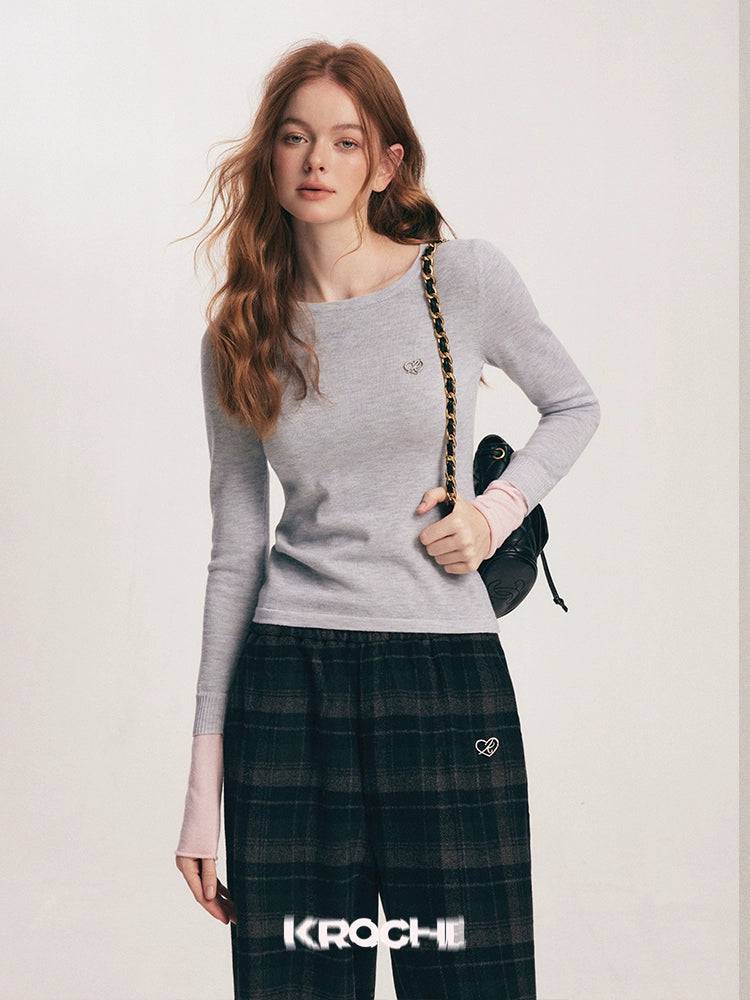 Women's Color-Blocked Crewneck Wool Knit Base Layer Top