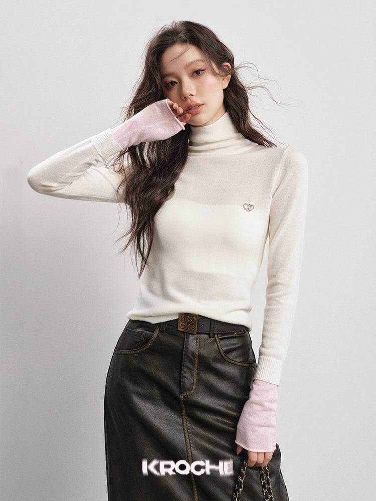 Women's Color-Blocked Crewneck Wool Knit Base Layer Top