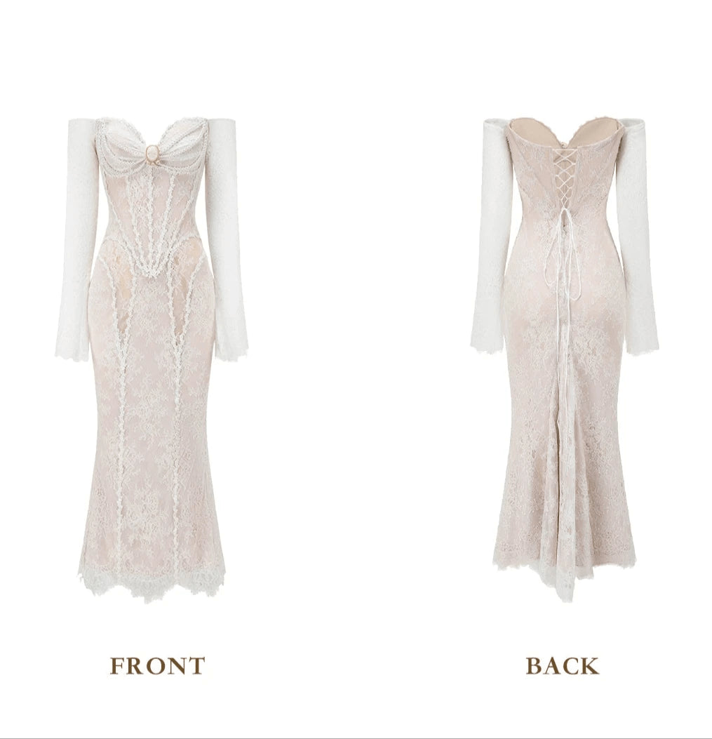 Women's Vintage French Lace and Pearl Boning Court Dress