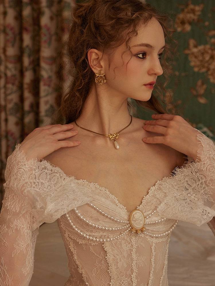 Women's Vintage French Lace and Pearl Boning Court Dress