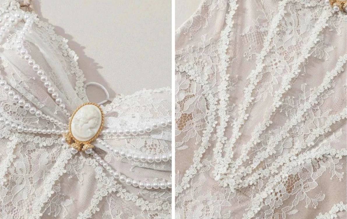 Women's Vintage French Lace and Pearl Boning Court Dress