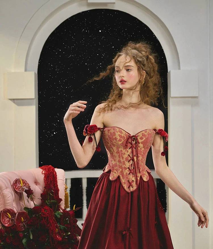 Renaissance Vintage Red Herringbone Corset Engagement Gown