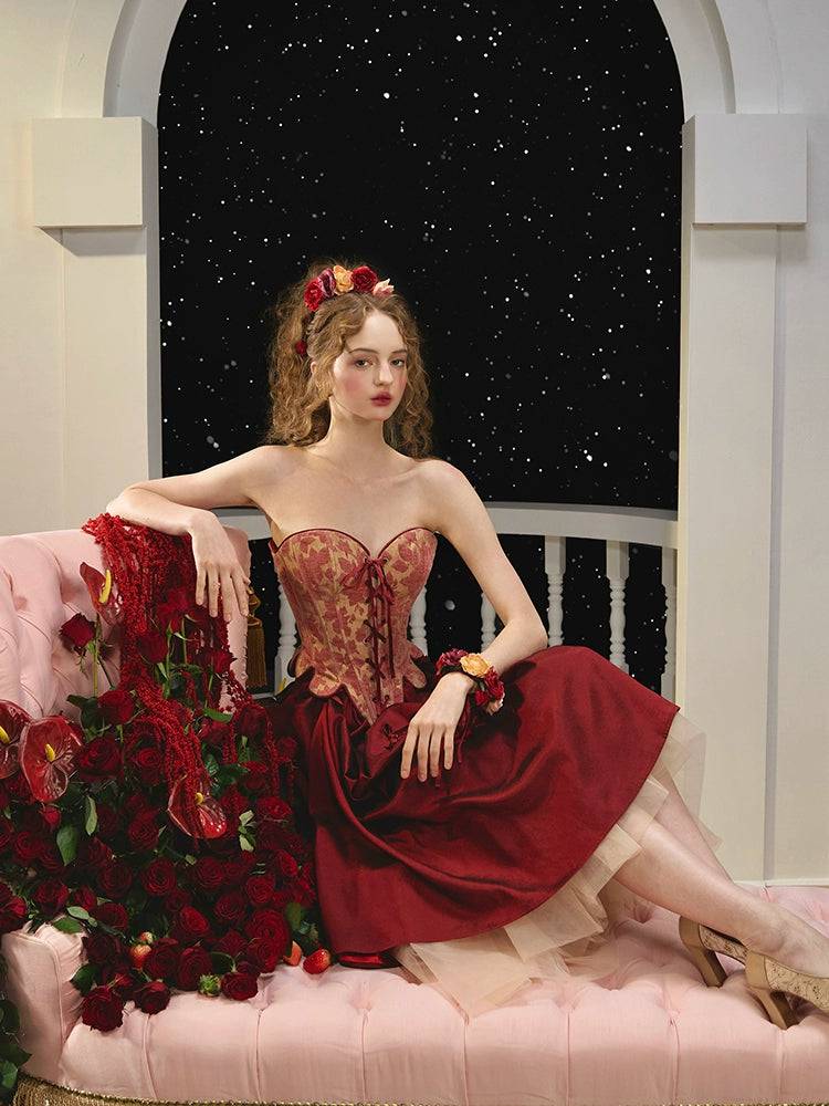 Renaissance Vintage Red Herringbone Corset Engagement Gown