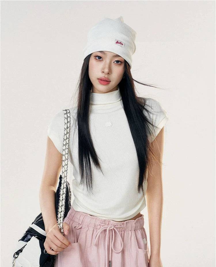 Women's Slim Pleated Waist Short Sleeve Turtleneck (Apricot)