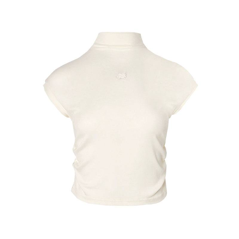 Women's Slim Pleated Waist Short Sleeve Turtleneck (Apricot)