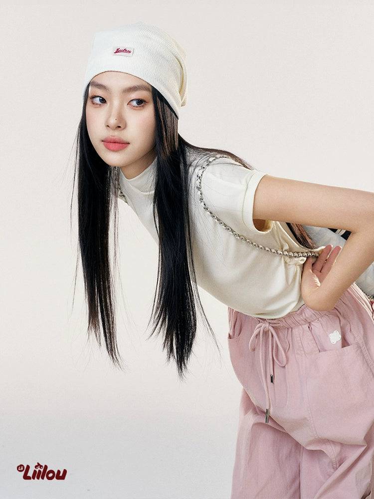 Women's Slim Pleated Waist Short Sleeve Turtleneck (Apricot)