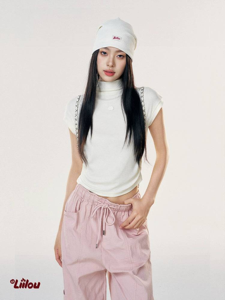 Women's Slim Pleated Waist Short Sleeve Turtleneck (Apricot)