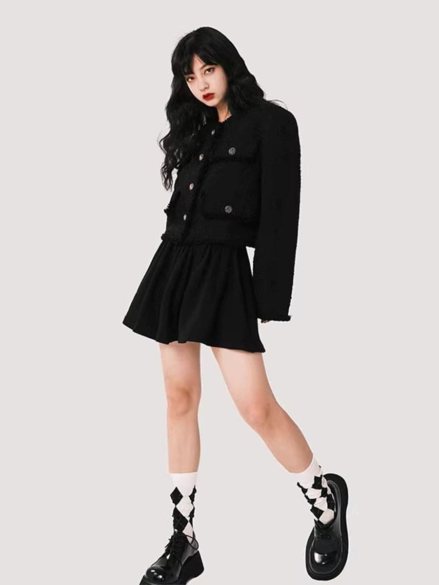 Women's French Retro Distressed Black Tweed Metal Buckle Jacket