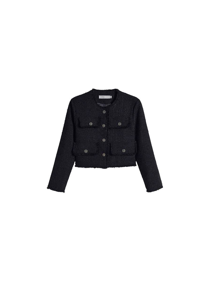 Women's French Retro Distressed Black Tweed Metal Buckle Jacket