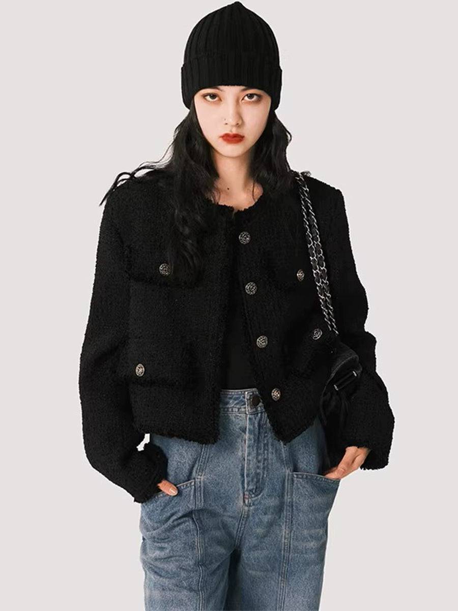 Women's French Retro Distressed Black Tweed Metal Buckle Jacket